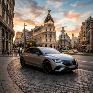 Automóvil moderno de diseño aerodinámico parqueado cerca de La Gran Vía en Madrid, representando el coche ideal español