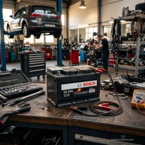 Batería moderna de coche en un taller mecánico