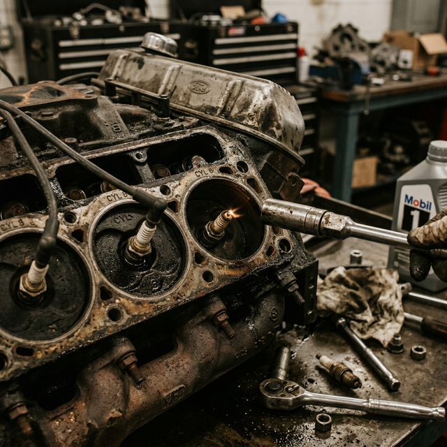 Motor V8 abierto mostrando una bujía con fallo de encendido en la recámara del octavo cilindro