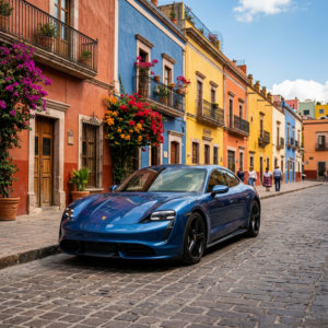 Vehículo sedán deportivo estacionado frente a una colorida hacienda mexicana, reflejando el coche ideal en México
