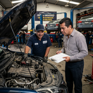 Comprador mexicano estresado leyendo documentos frente a un mecánico y un auto averiado