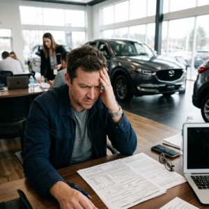 Comprador de vehículo frustrado tapándose el rostro mirando un contrato de compra