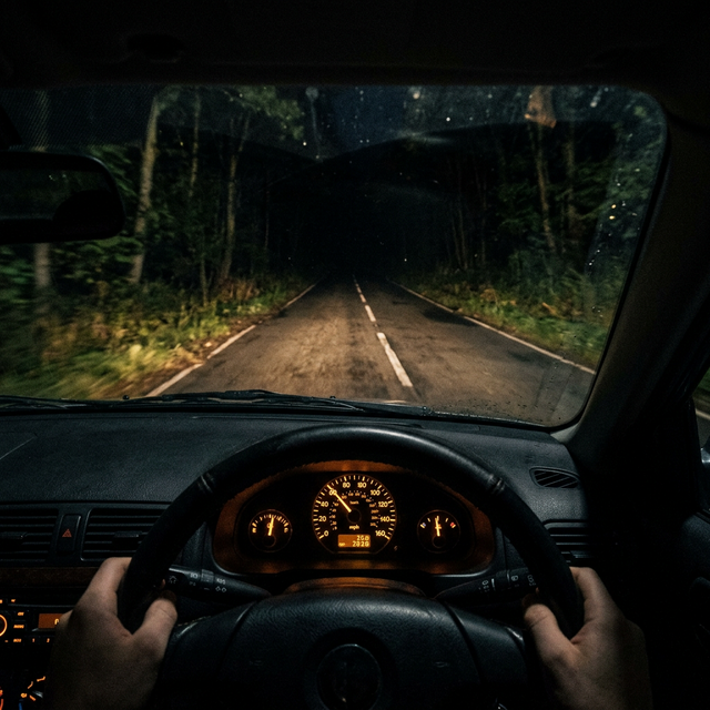 Vista hiperrealista del conductor en la noche con faros tenues que apenas iluminan el camino asfaltado