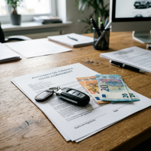 Llaves de vehículo y contrato de préstamo automotriz con dinero en euros