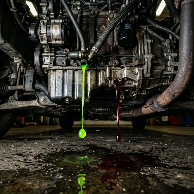 Imagen hiperrealista detallada de fugas de fluidos rojo y verde debajo de un motor moderno de automóvil mostrando tipos comunes de fallos