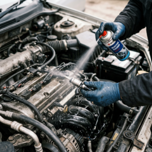 Mecánico limpiando a presión un inyector de combustible automotriz sucio con solvente