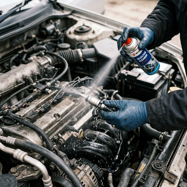 Mecánico limpiando a presión un inyector de combustible automotriz sucio con solvente