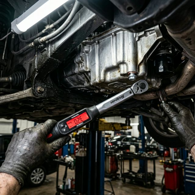 Mecánico apretando el tapón del cárter con una llave electrónica y luces de garaje