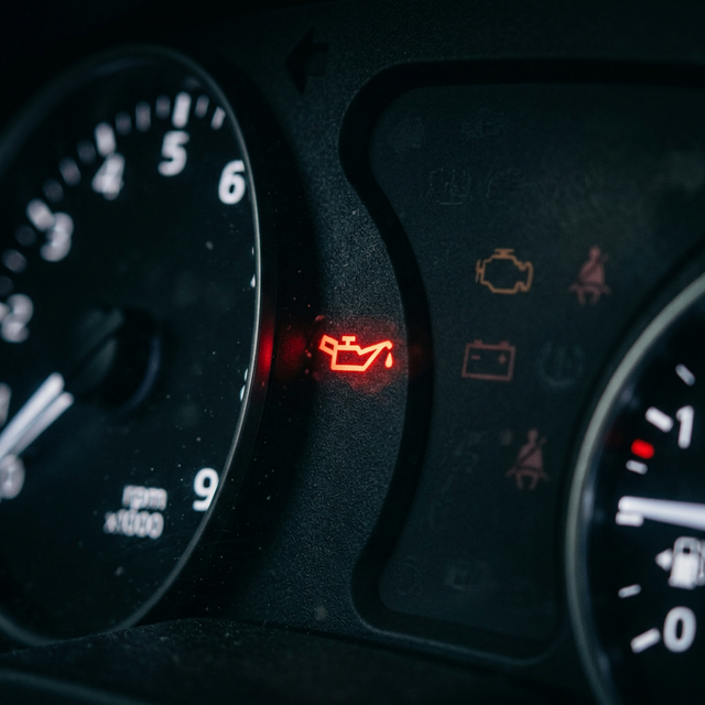 Testigo rojo iluminado de la lata de goteo de presión de aceite encendido en el panel de instrumentos del carro