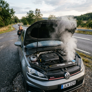 Coche en el arcén con el capó abierto emanando vapor blanco de sobrecalentamiento del motor