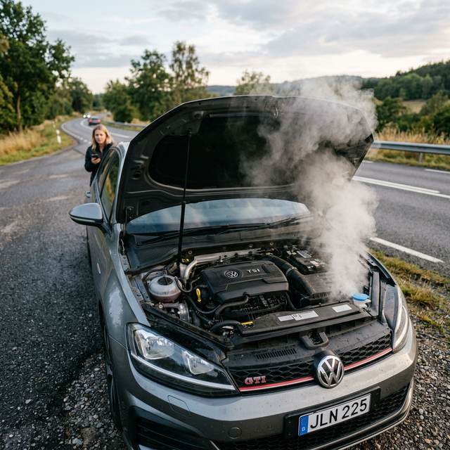 Coche en el arcén con el capó abierto emanando vapor blanco de sobrecalentamiento del motor