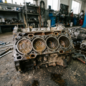 Motor de coche dañado con agua y suciedad en su interior debido a un hydrolock