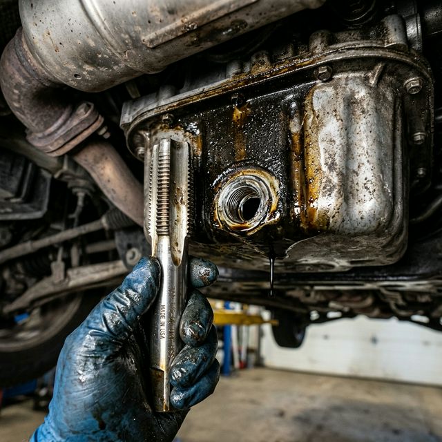 Mecánico sosteniendo una herramienta para rehacer rosca de cárter de aceite dañado