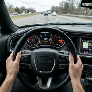 Tablero de un coche moderno mostrando las RPM muy altas mientras la velocidad es baja, indicando que la transmisión automática resbala