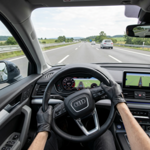 Conductor sosteniendo un volante descentrado o desalineado mientras conduce en línea recta